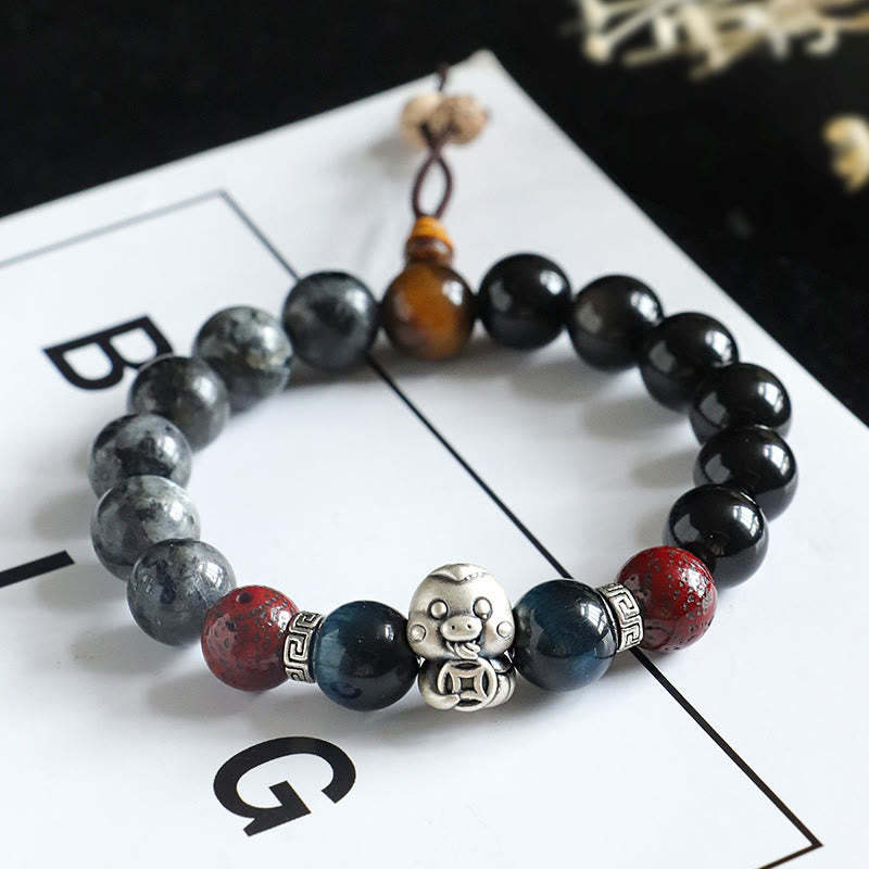 Black Glitter Stone Black Onyx 999 Sterling Silver Fu Character Copper Coin Year Of Snake Protection Bracelet
