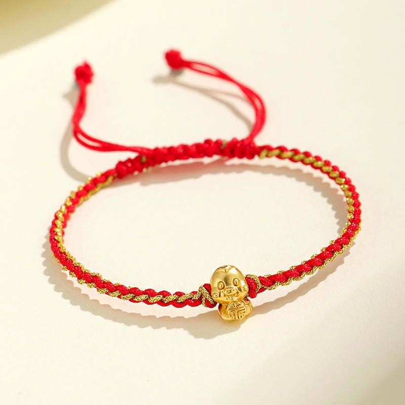 Handmade 999 Sterling Silver Golden Year Of Snake Fu Auspicious Clouds Ingot Copper Coins Red String Fortune Braided Bracelet