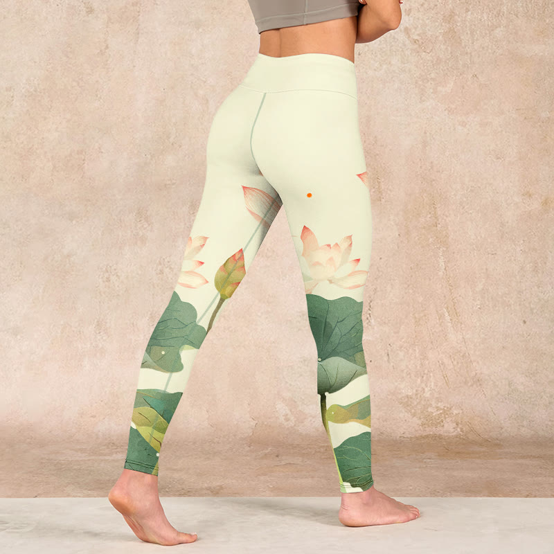 Lotus Flower Leaf Dragonfly Print Fitness Leggings Women's Yoga Pants
