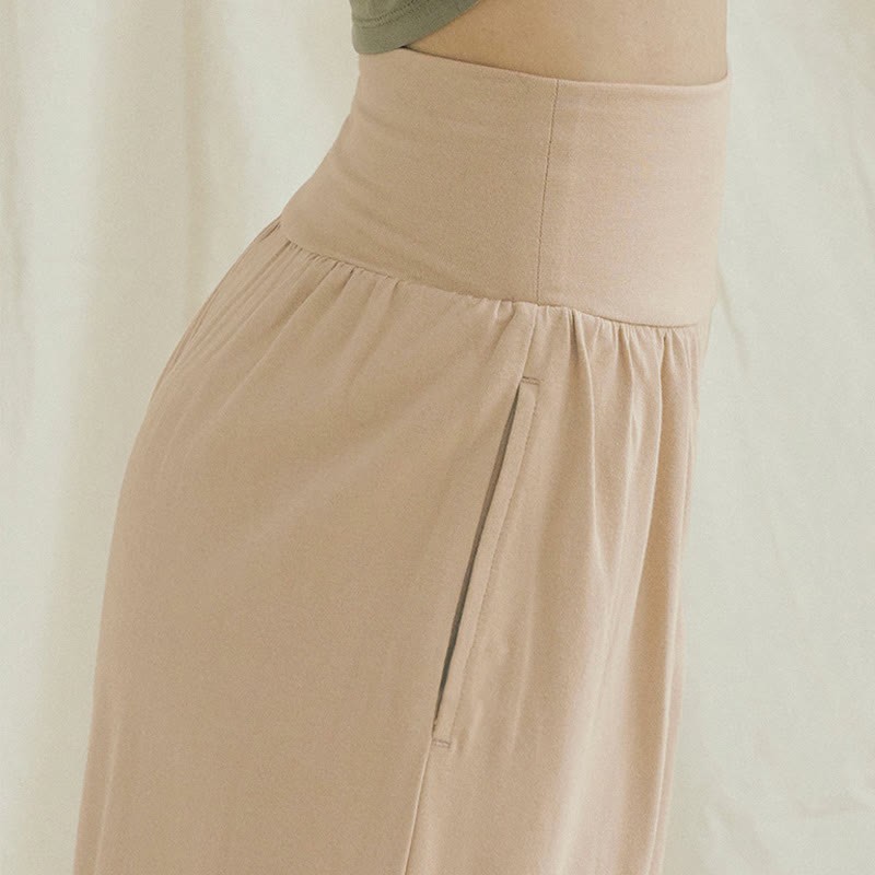 Casual Loose Tie-down Hem Plain High Waist Women's Leica Pants With Pockets