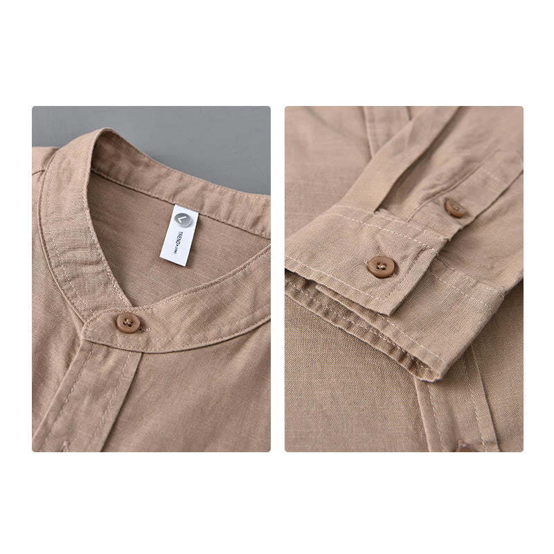 Men's Long Sleeve Stand Collar With Pocket Pure Color Casual Cotton Linen Shirt