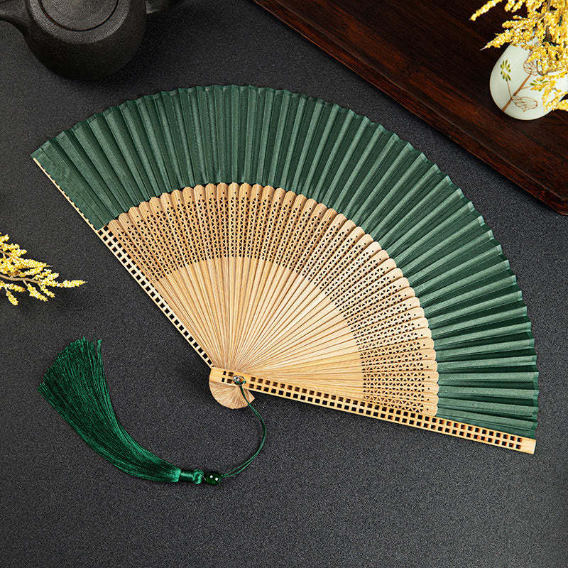 Cranes Auspicious Clouds Solid Color Gradient Handheld Cotton Linen Fabric Bamboo Folding Fan