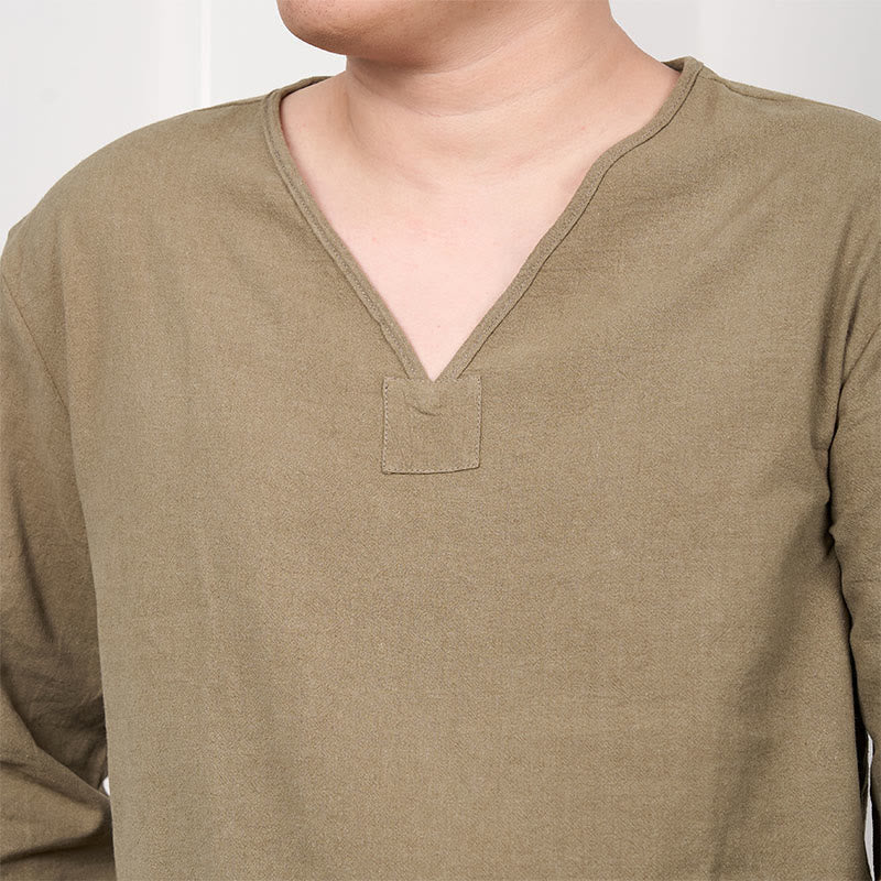 Solid Color V-Neck Long Sleeve Cotton Linen Men's T-shirt