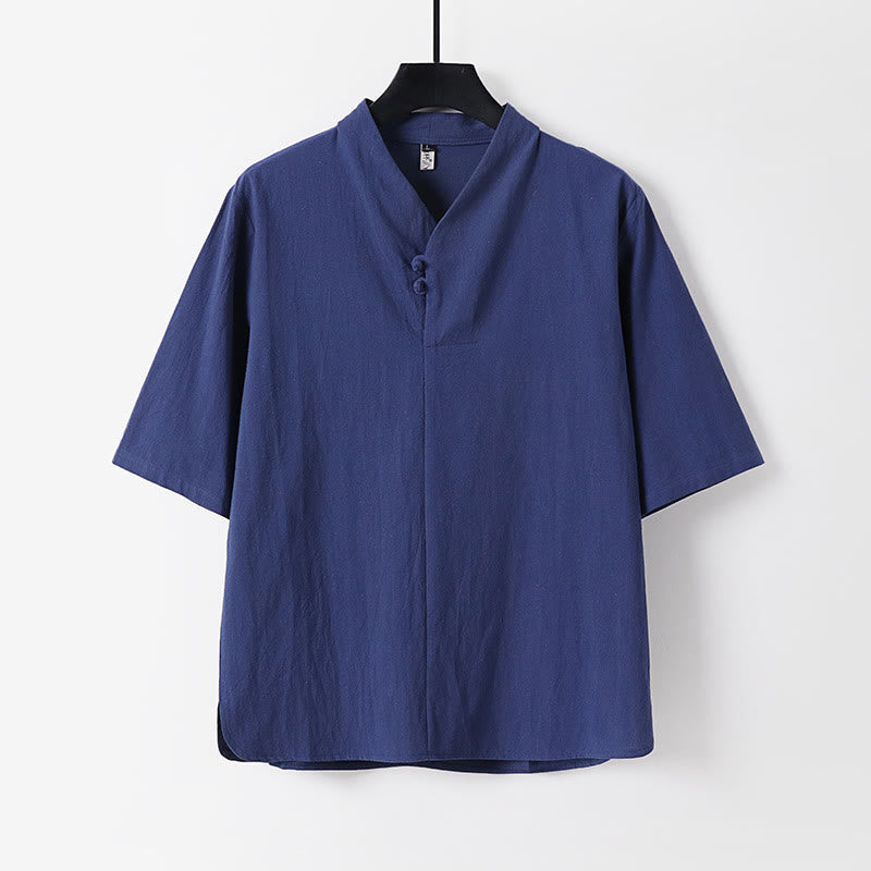 Casual Plain Color Two Buttons Three Quarter Sleeve Cotton Linen Men's Shirt