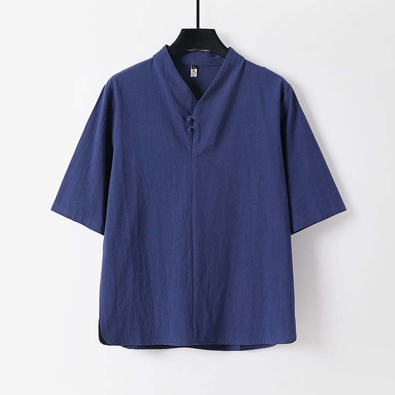 Casual Plain Color Two Buttons Three Quarter Sleeve Cotton Linen Men's Shirt