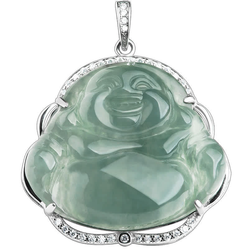 925 Sterling Silver Laughing mystic zen Natural Jade Luck Necklace Chain Pendant