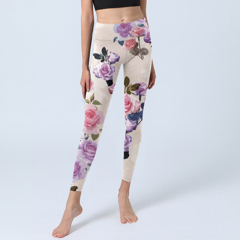 Beige Rose Flowers Print Gym Leggings Women's Yoga Pants