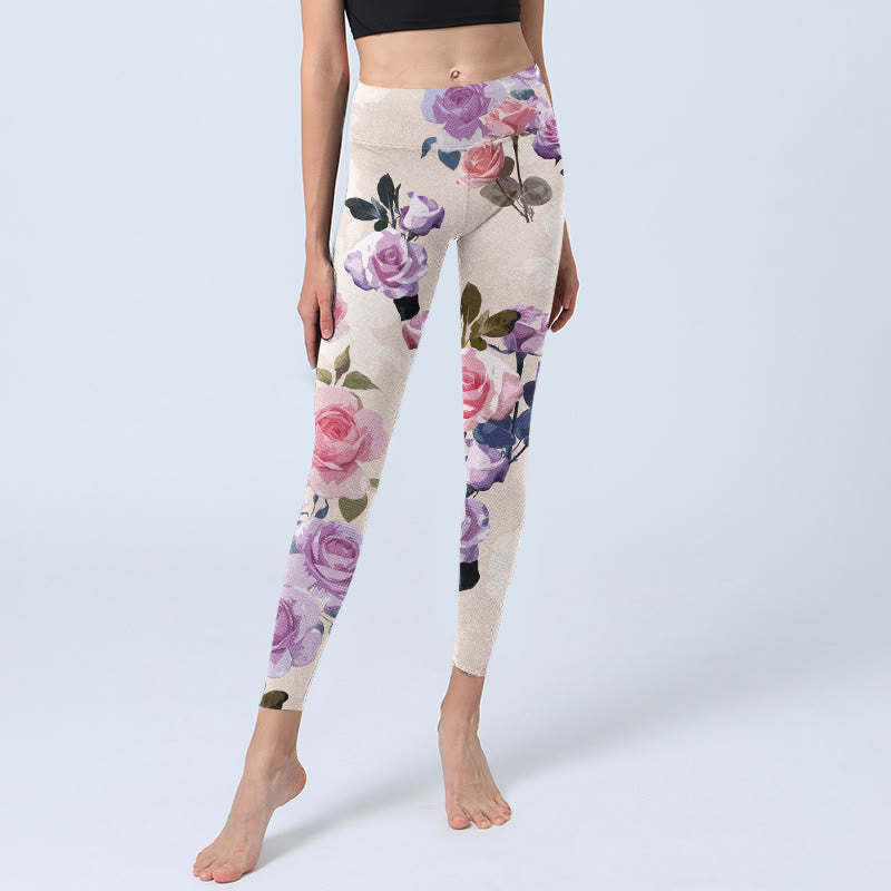 Beige Rose Flowers Print Gym Leggings Women's Yoga Pants