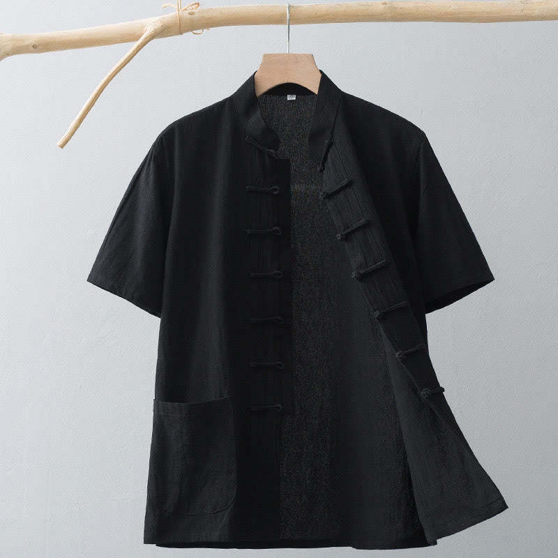 Chinese Frog-Button Tang Suit Men's Short Sleeve Shirt Cotton Linen Clothing With Pockets
