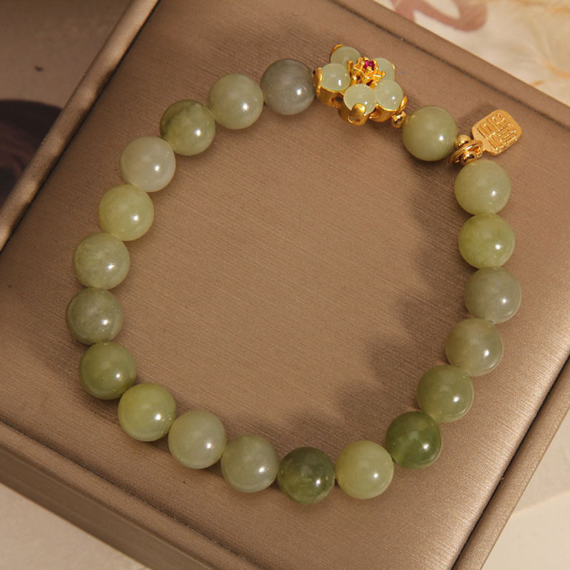 Green Jade Flower Fu Character Charm Luck Bracelet