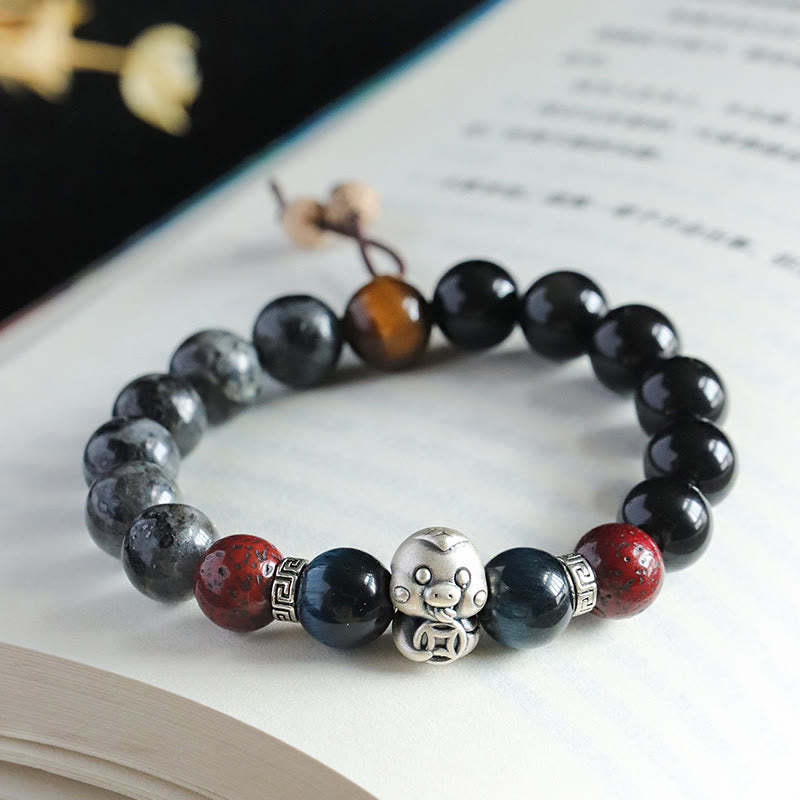 Black Glitter Stone Black Onyx 999 Sterling Silver Fu Character Copper Coin Year Of Snake Protection Bracelet