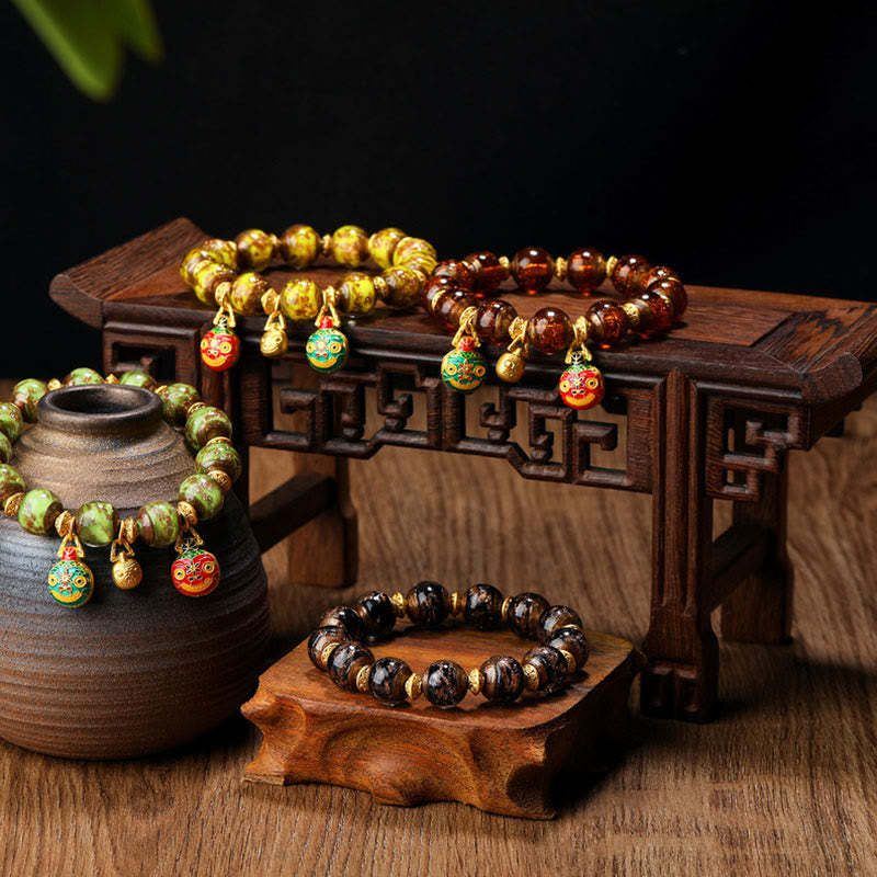 Gold Swallowing Beast Family Charm Liuli Glass Bead Fortune Bracelet