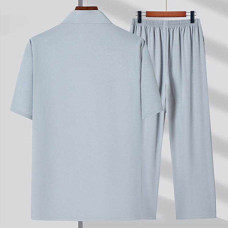 Fu Character Embroidery Tang Suit Traditional Frog-Button Short Sleeve Top Pants Clothing Men's Set