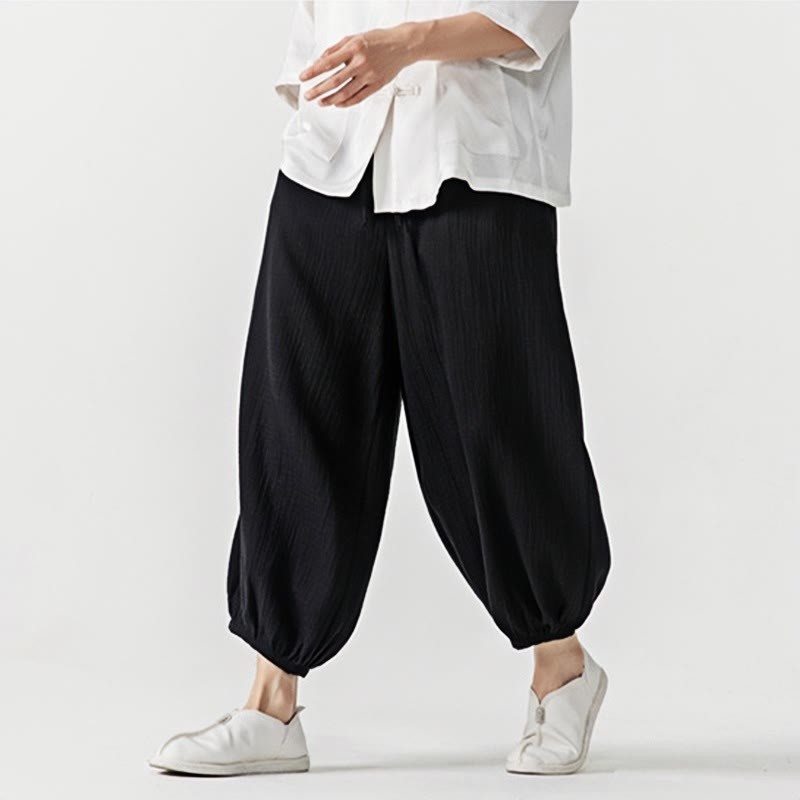 Soft Solid Color Drawstring Cotton Men's Pants With Pockets