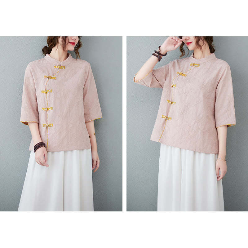 Floral Pattern Frog-Button Half Sleeve Cotton Linen Shirt