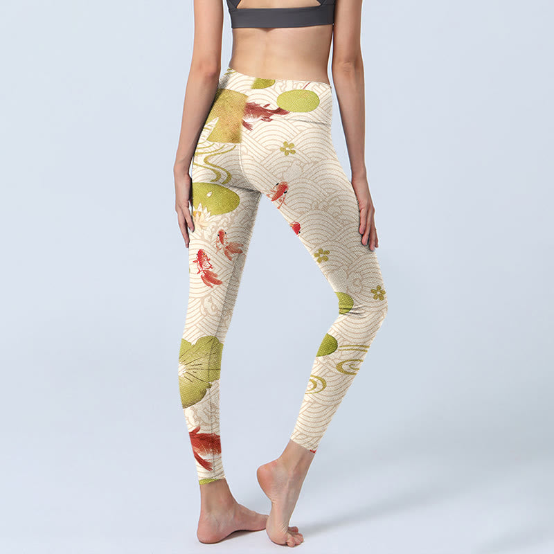 Koi Fish Lotus Leaves Print Gym Leggings Women's Yoga Pants