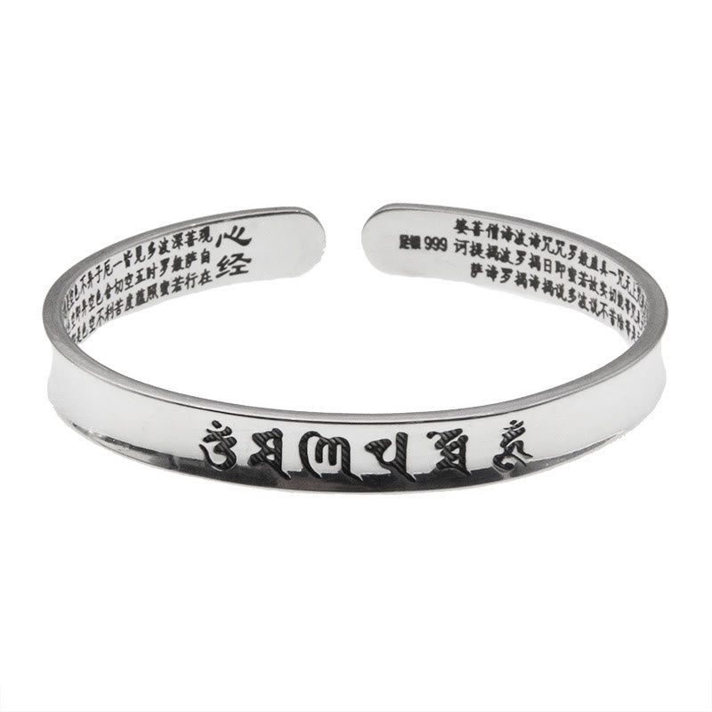 999 Sterling Silver Om Mani Padme Hum Heart Sutra Love Peace Bracelet Bangle