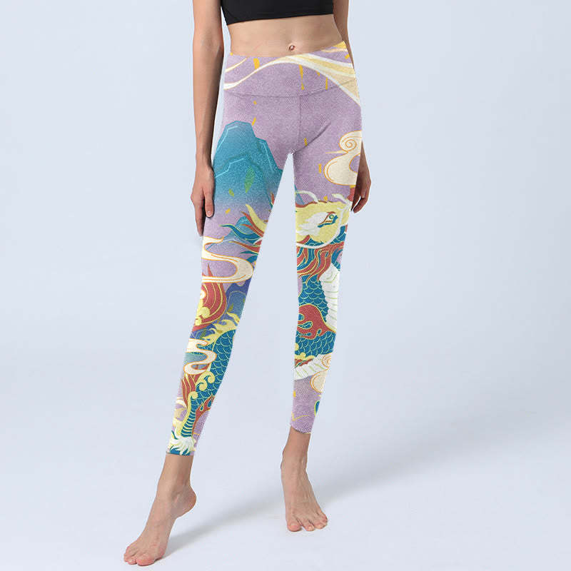 Purple Dragon Auspicious Clouds Print Gym Leggings Women's Yoga Pants