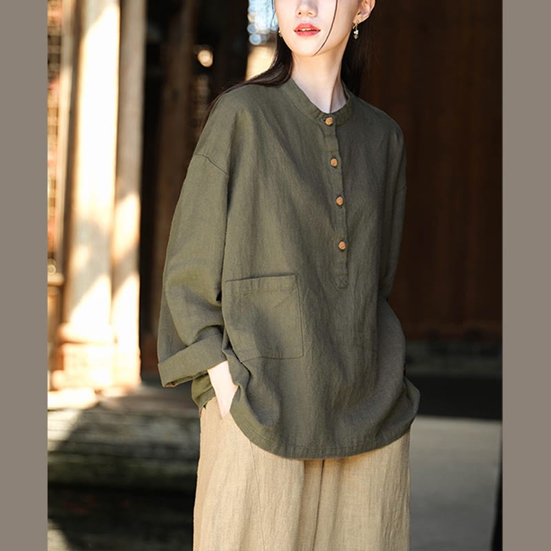 Solid Color Loose Button Blouse Long Sleeve Shirt Top