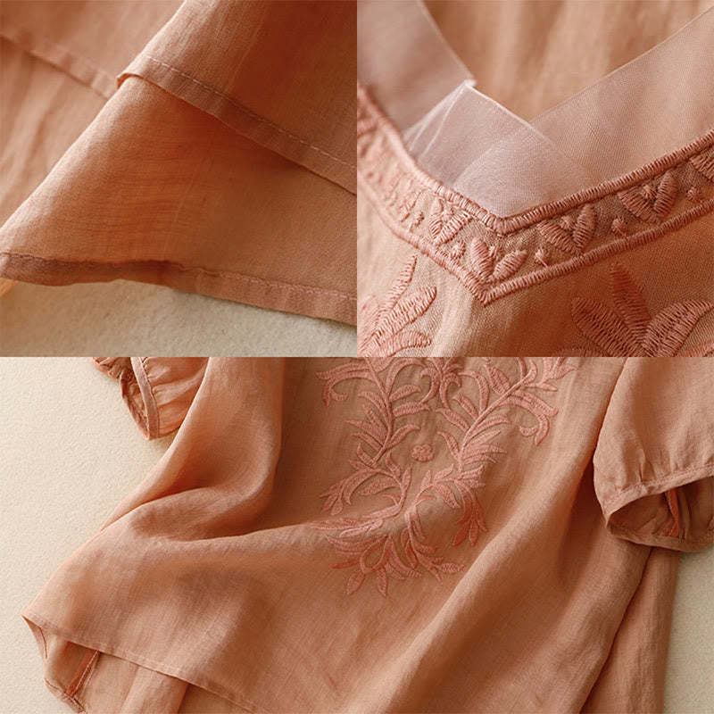 Vintage Casual Pure Leaf Embroidery V-Neck Half Sleeve Cotton Linen Women's T-Shirt