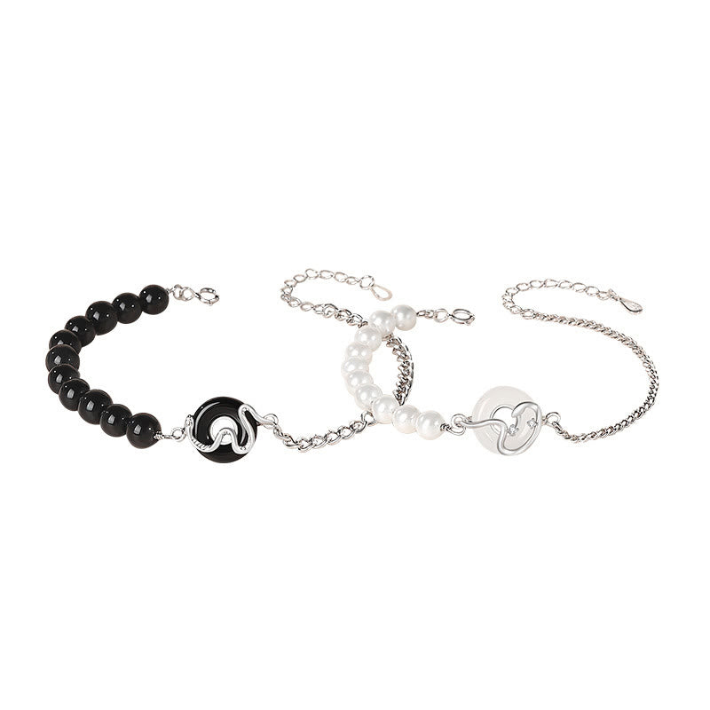 Black Obsidian Black Onyx Chalcedony Peace Buckle 925 Sterling Silver Year Of The Snake Pearl Purification Couple's Bracelet