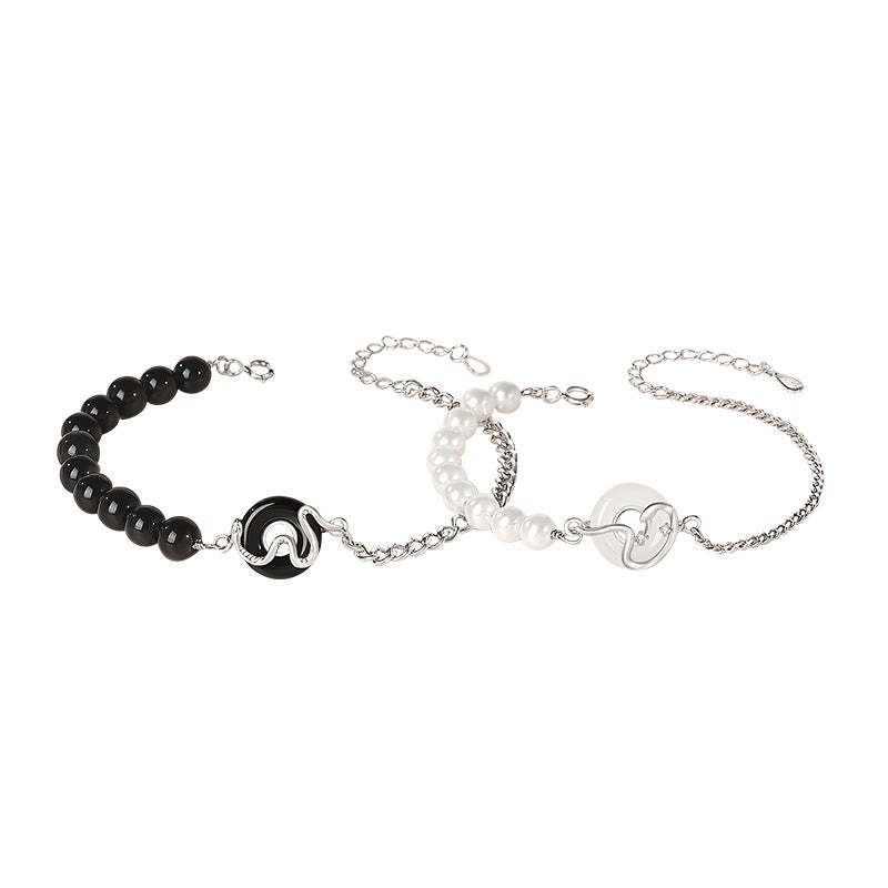 Black Obsidian Black Onyx Chalcedony Peace Buckle 925 Sterling Silver Year Of The Snake Pearl Purification Couple's Bracelet