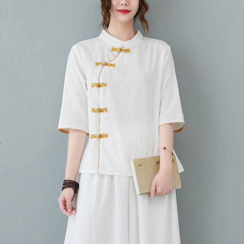 Floral Pattern Frog-Button Half Sleeve Cotton Linen Shirt