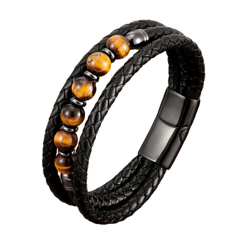 Tiger Eye Lava Rock Hematite Black Onyx Bead Positive Leather Bracelet