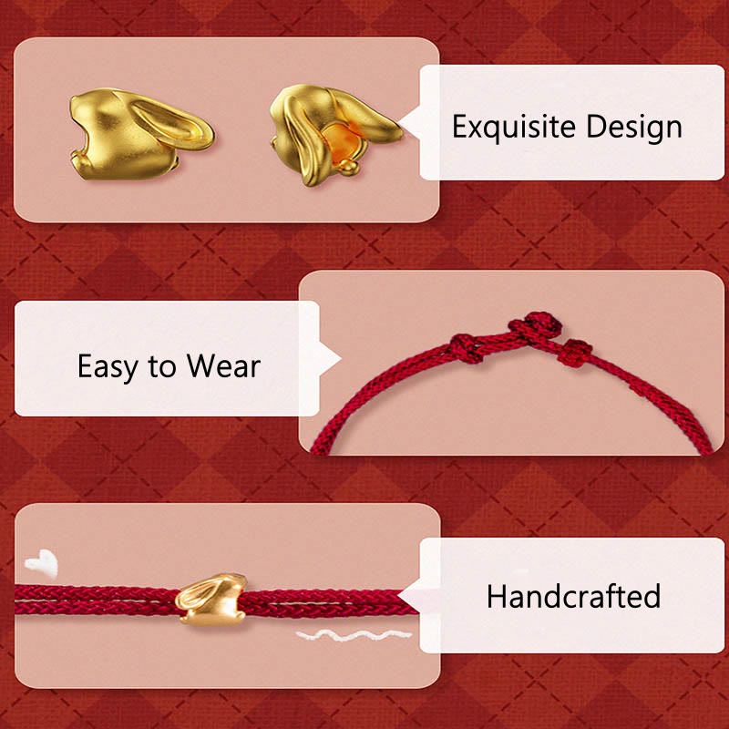 999 Gold Small Lucky Rabbit Osmanthus Design Handmade Luck?Braided Rope Bracelet
