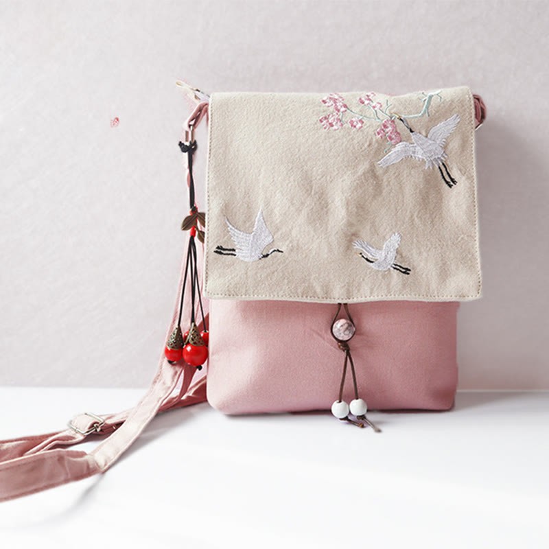 Handmade Embroidered Plum Flowers Canvas Crossbody Bag Shoulder Bag Handbag