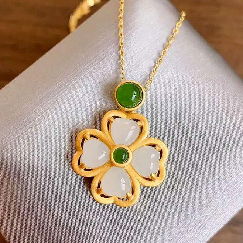 925 Sterling Silver Lucky Four Leaf Clover Jade Prosperity Necklace Chain Pendant