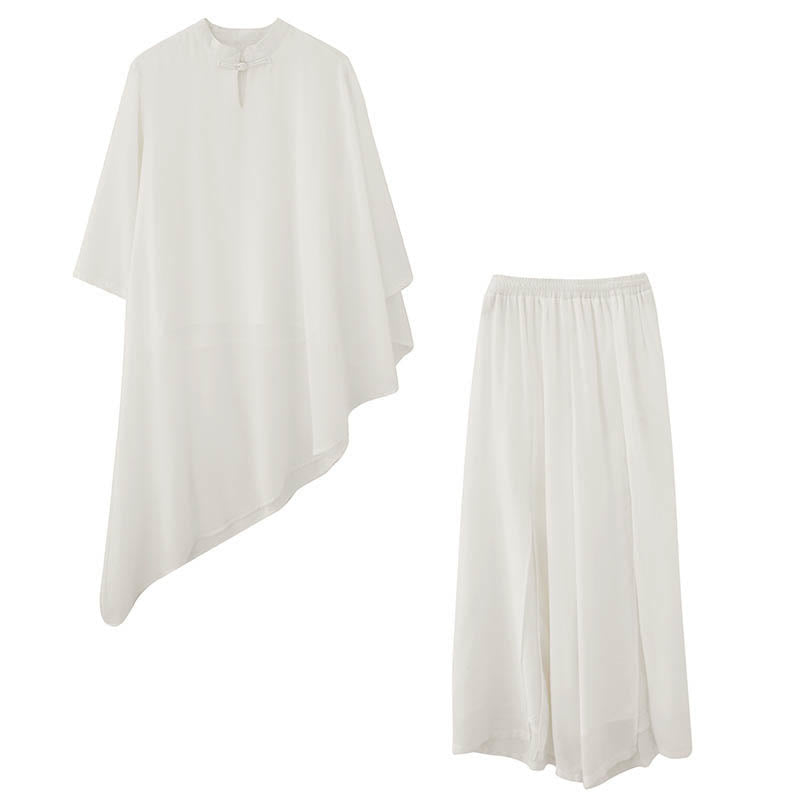 2Pcs Three Quarter Sleeve Irregular Design Shirt Wide Leg Pants Meditation Chiffon Women's Set
