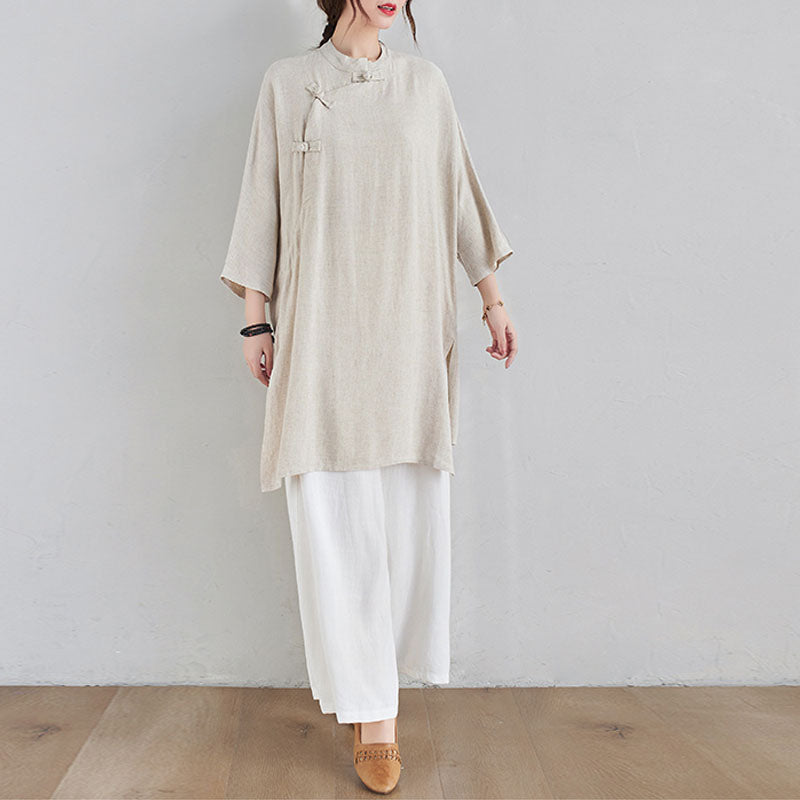 2Pcs Plain Design Zen Tai Chi Meditation Clothing Cotton Linen Top Pants Women's Set