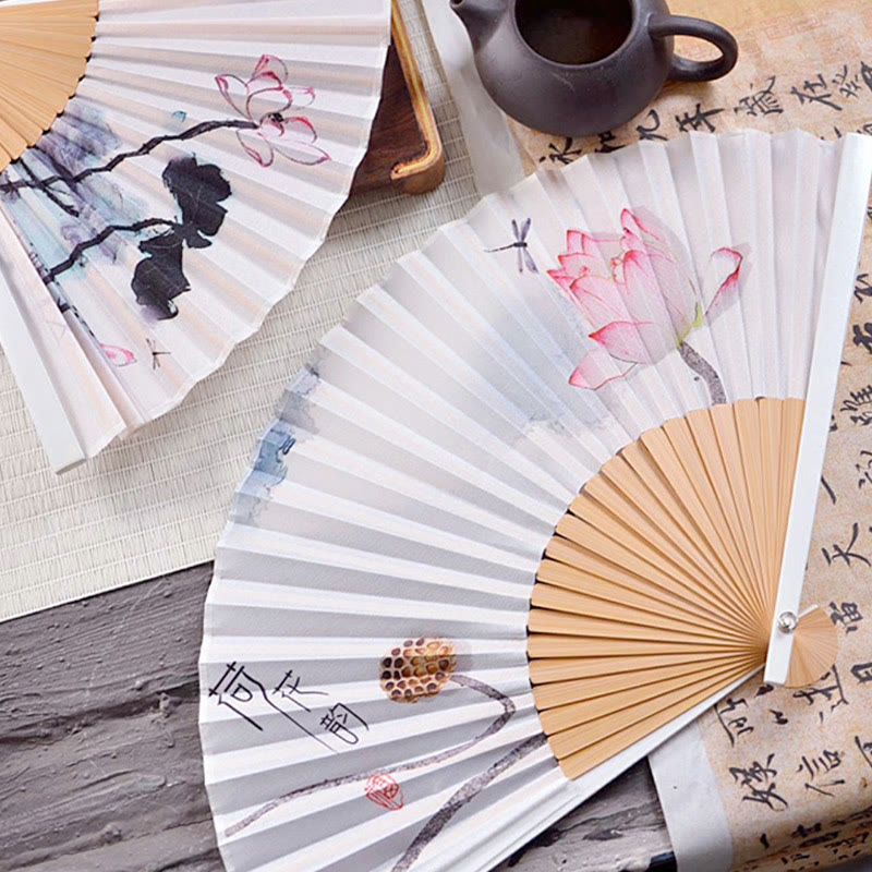 Chinese Characters Ink Painting Lotus Flower Leaf Landscape Handheld Huayao Crepe Polyester Bamboo Folding Fan 23.3cm