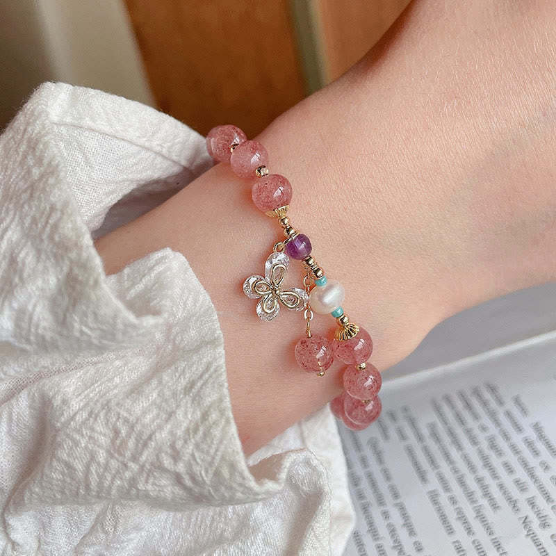 Natural Strawberry Quartz Green Strawberry Quartz Butterfly Charm Love Bracelet