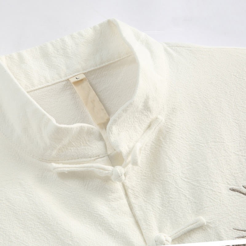 Chinese New Year Crane Embroidery Tang Suit Hanfu Long Sleeve Top Pants Clothing  Cotton Linen Men's Set With Pockets