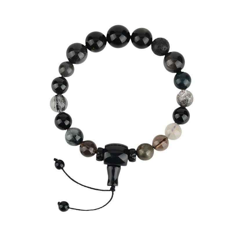 Five Elements Various Crystal Black Obsidian Wealth Wisdom Bracelet