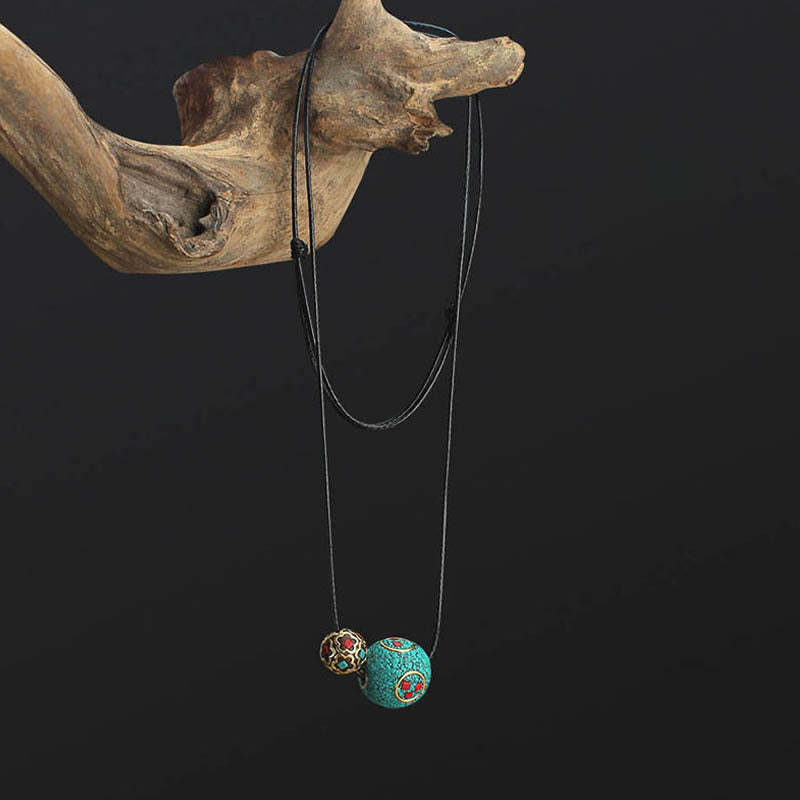 Tibetan Turquoise Double Bead Protection Strength Necklace Pendant