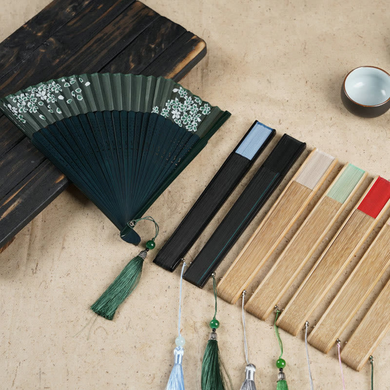 Simple Cherry Flower Hollow Engraved Handheld Bamboo Folding Fan