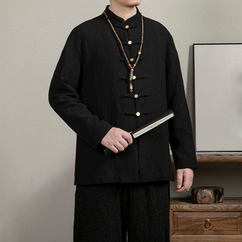 Casual Frog-Button Tang Suit Jacquard Linen Men's Shirt