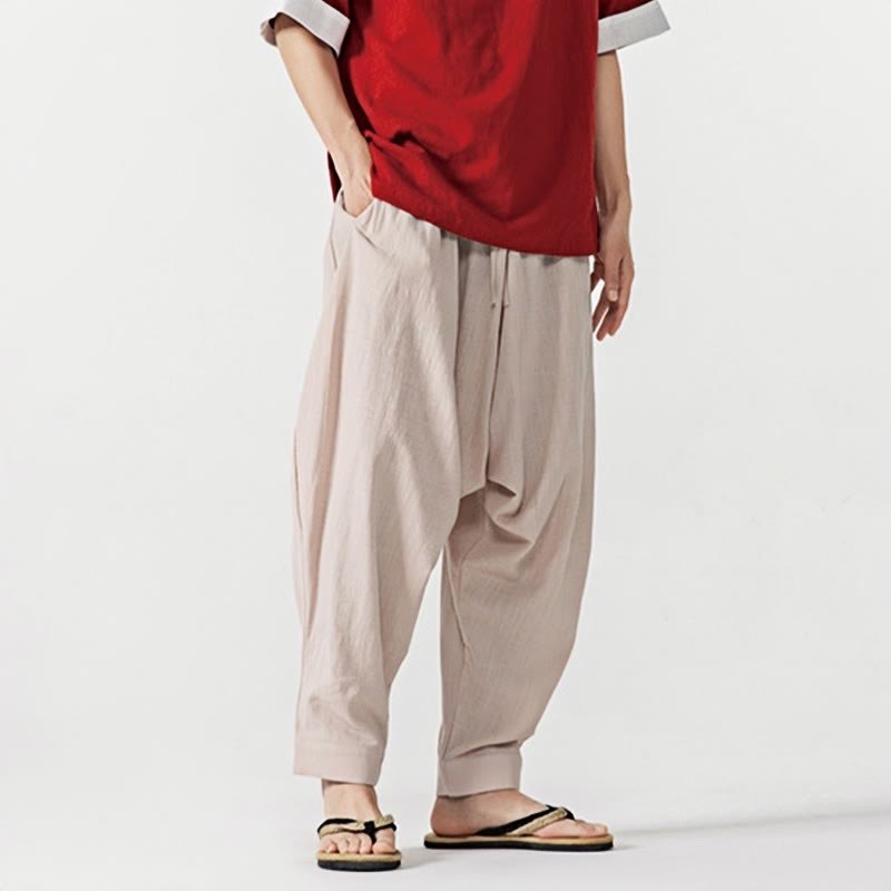 Solid Color Drawstring Men's Harem Pants With PocketsAnkle-Length (9 Length)