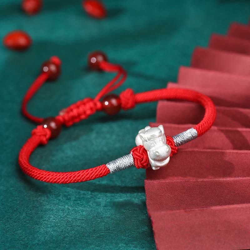 999 Sterling Silver Chinese Zodiac Luck Strength Red String Bracelet