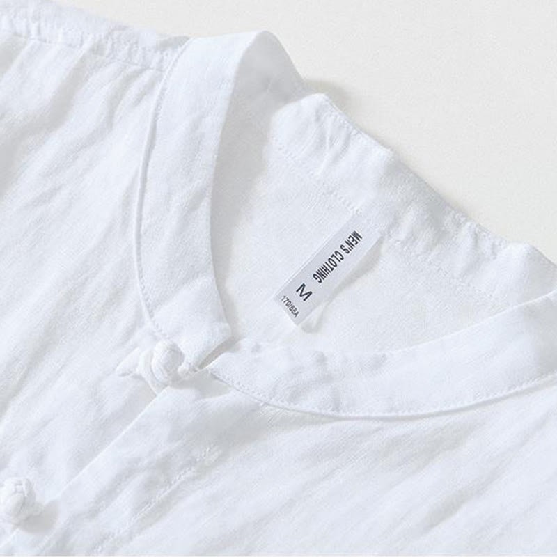 Daily Frog-Button Stand Collar Short Sleeve Linen Men's Shirt