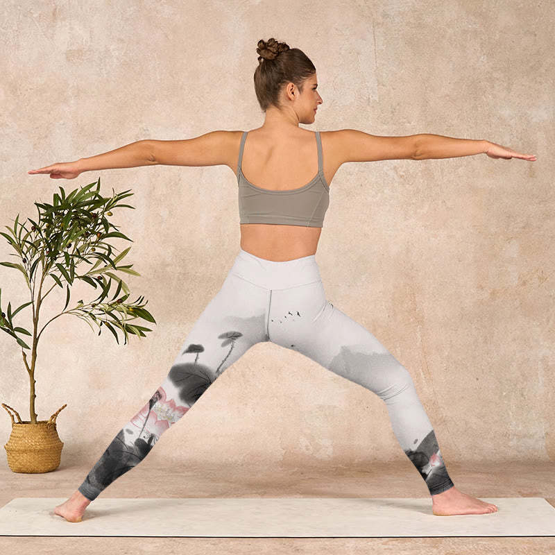 Ink Painting Lotus Flower Leaf Print Gym Fitness Leggings Women's Yoga Pants