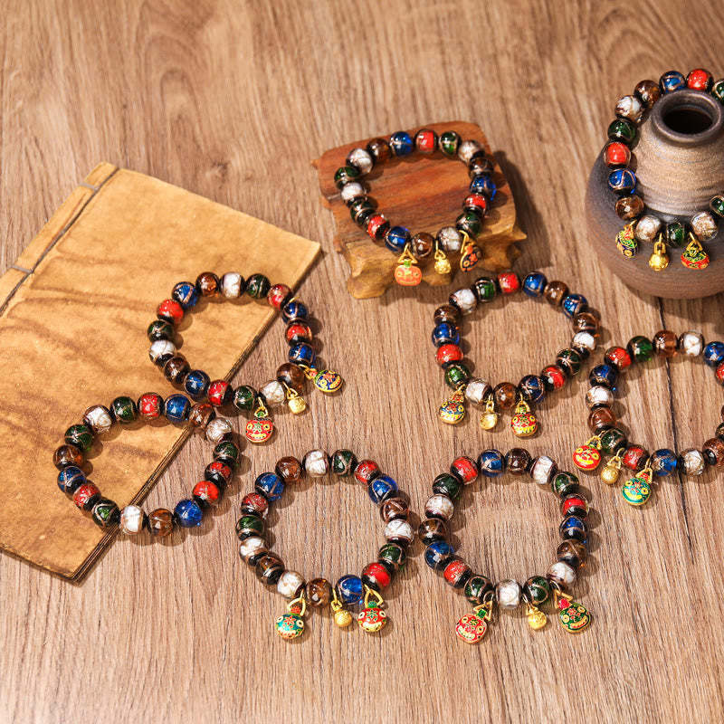 Five Elements Gold Swallowing Beast Family Charm Liuli Glass Bead Luck Bracelet