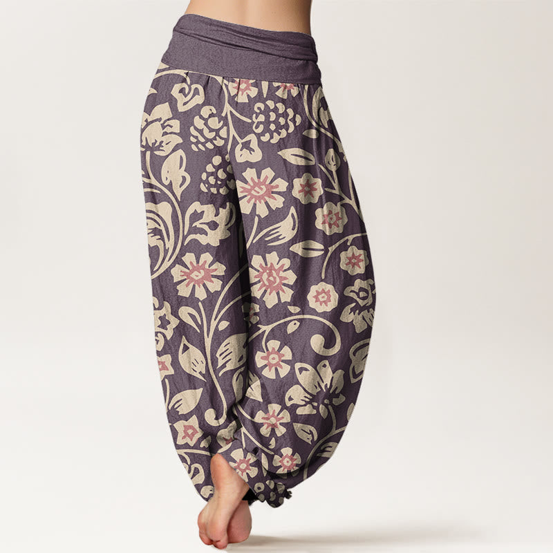 Casual Beige Pink Flowers Grapes Design Women's Elastic Waist Harem Pants