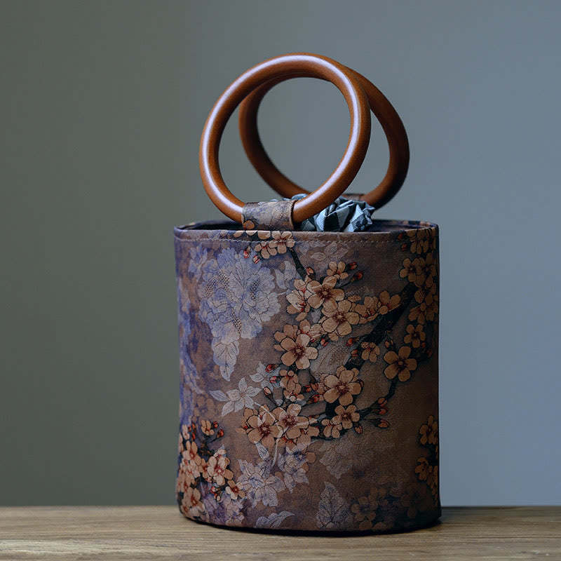 Bamboo Leaf Butterfly Cherry Blossom Persimmon Wood Handle Handbag