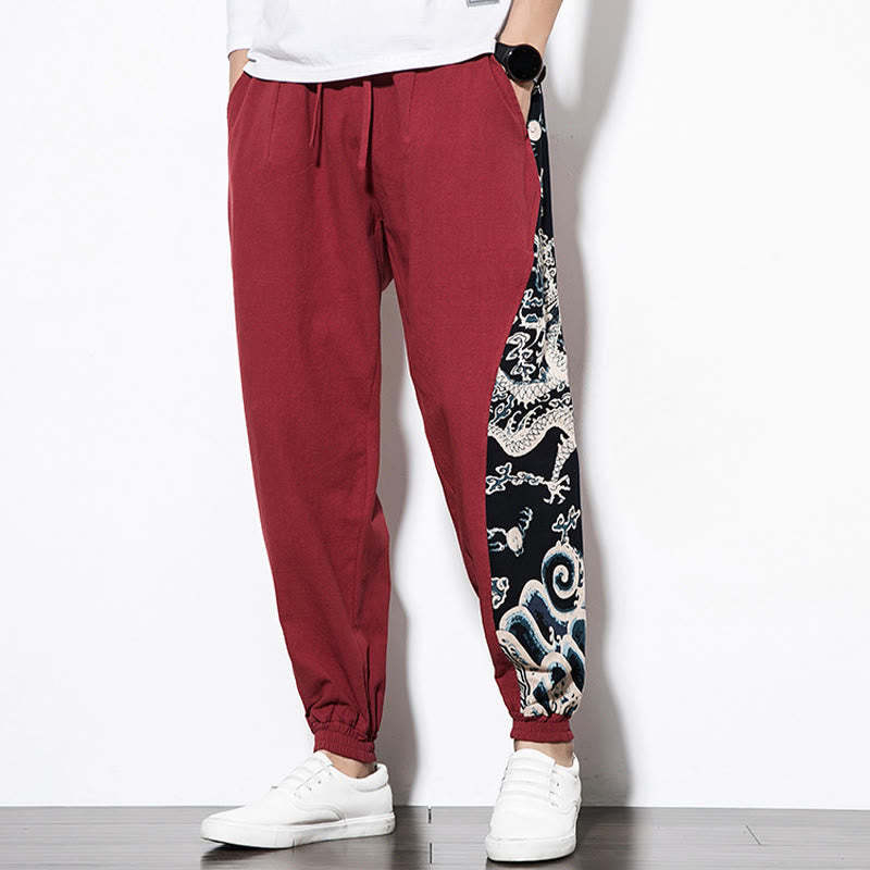 Summer Dragon Waves Cotton Men's Pants With Pockets