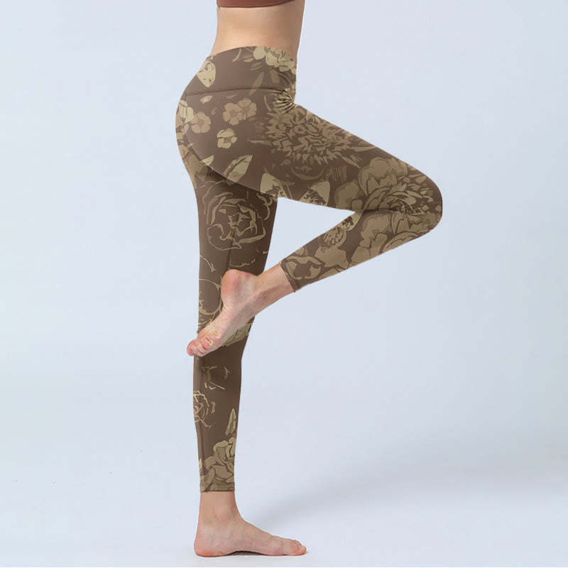 Peony Flowers Leaves Blossom Print Gym Fitness Leggings Women's Yoga Pants