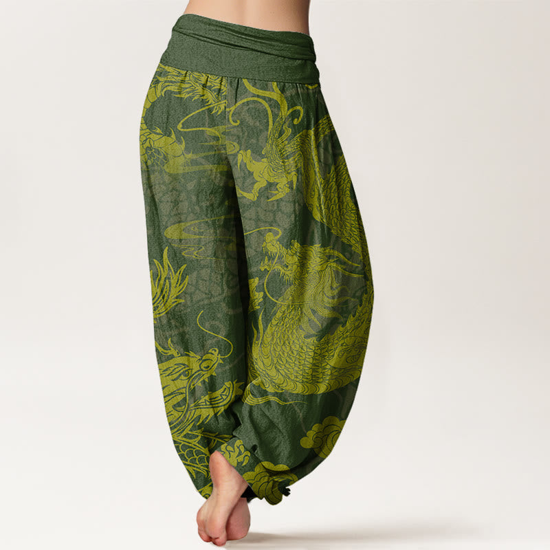 Dragon Auspicious Clouds Women's Elastic Waist Harem Pants